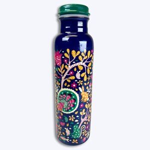 Chumbak Copper Water Bottle Navy Blue Jungle Folk Art Ayurvedic Wellness 30oz